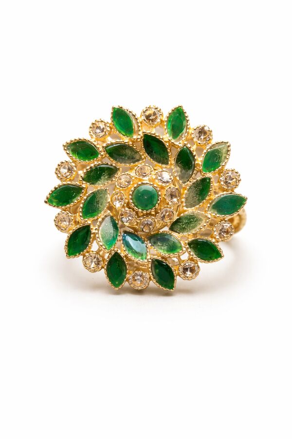 Luxury Green Floral Statement Ring in Gold Finish