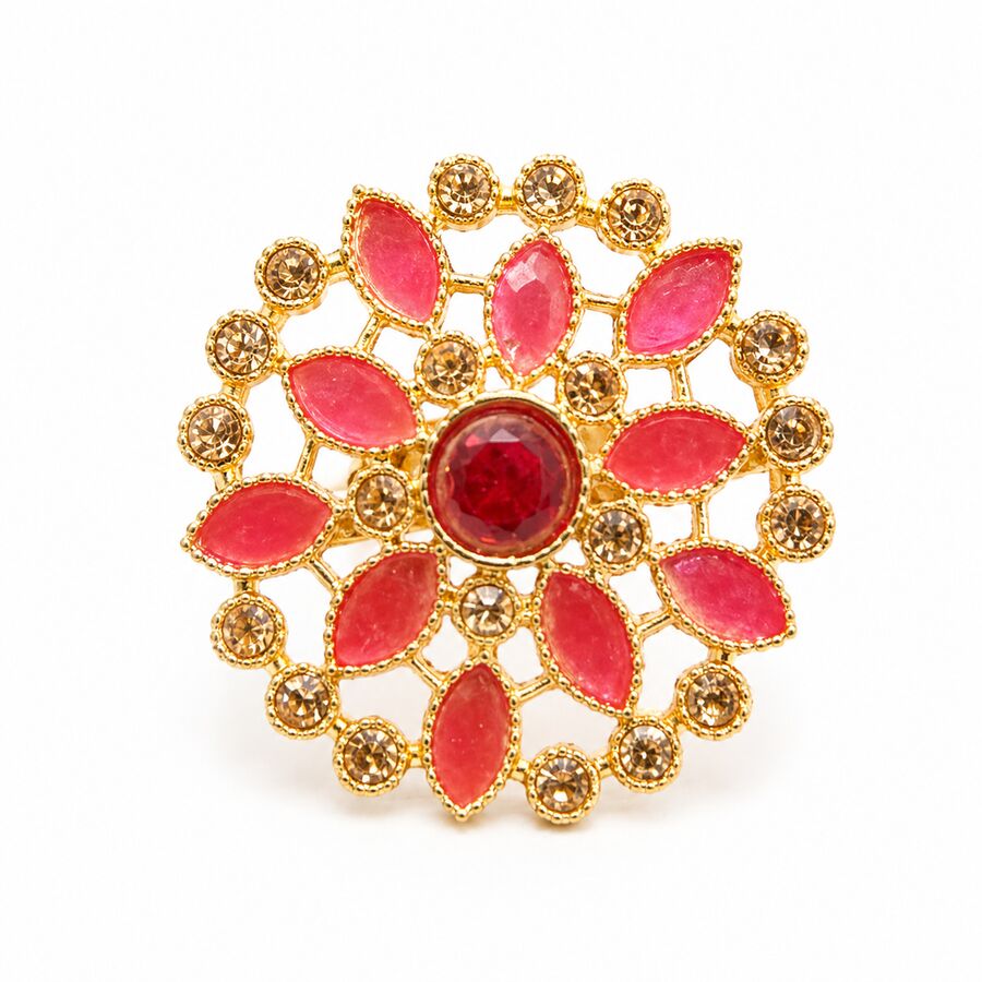 Luxury Red Floral Crystal Statement Ring – Gold Plated Designer Ring