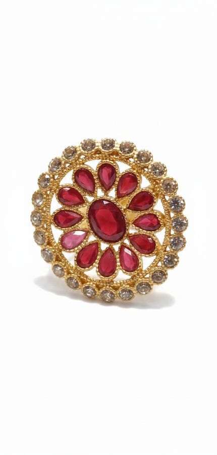 Luxury Ruby Floral Statement Ring in Gold – Party Wear Elegance