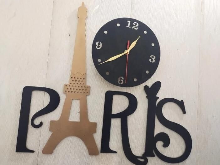 3D Wooden Paris Wall Clock Golden Eiffel Tower Decor
