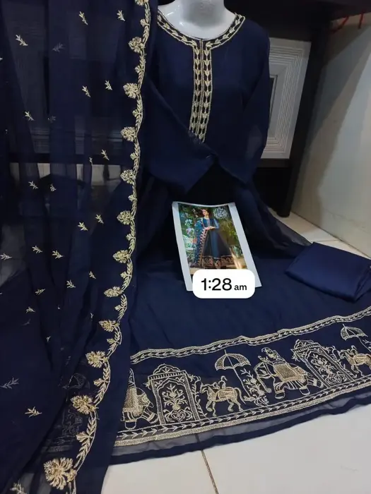 Blue Embroidered Chiffon maxi set with duptta and Truser