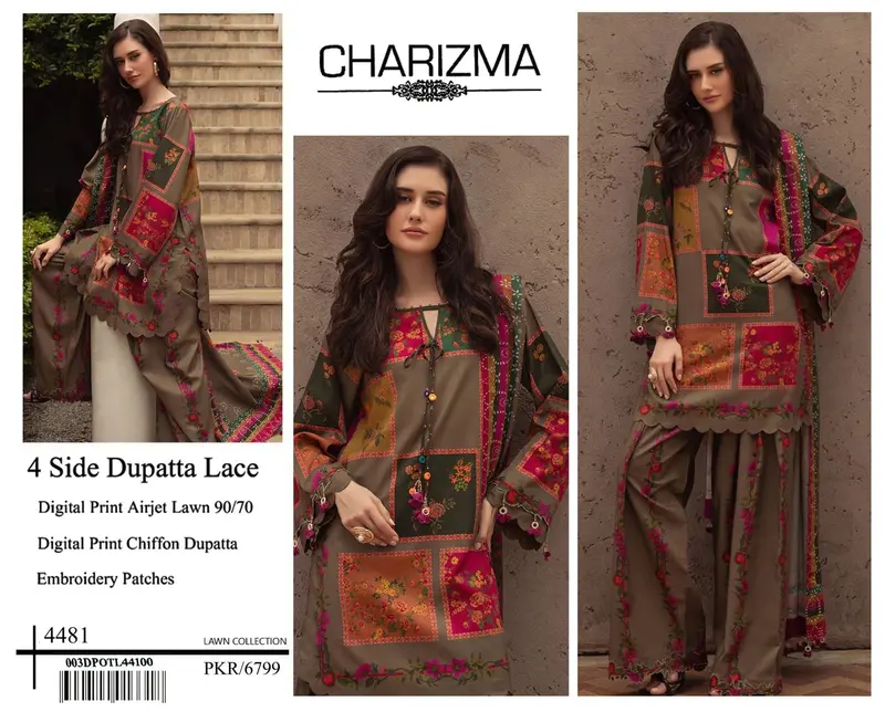 DIGITAL PRINT AIRJET LAWN  With 4 Side Lace CHIFFON DUPATTA