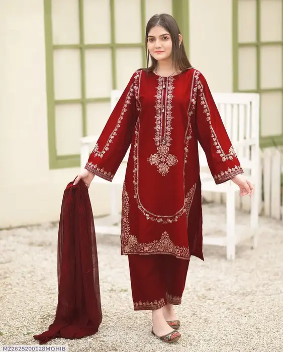 3 Pcs women&amp;#039;s stitched shamoz silk sequins Embroidered suit