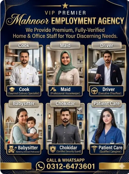 Mahnoor Employment Agancy provide you granted home and ofic staff