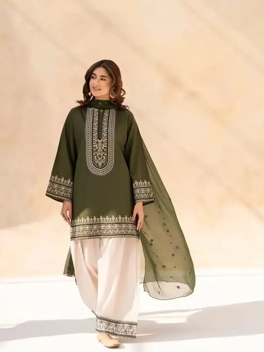 3 Pcs women&amp;#039;s stitched cotton Embroidered dress
