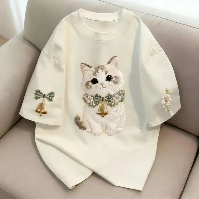 Luxury Cute Cat Embroidered Drop-Shoulder T-Shirt | Premium Heavyweigh