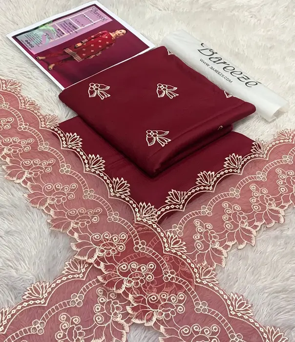 Bareeze Inspired Maroon Embroidered 3 Piece Unstitched Lawn Suit with