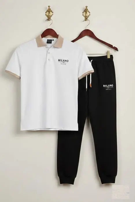 Men Printed Track Suit Set White Black Milano Polyster