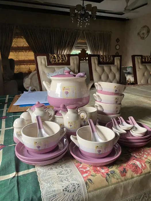 white &amp; pastel pink ceramic soup set