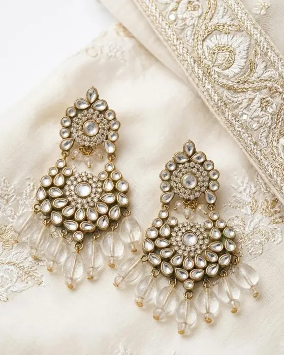 Kundan Polki Chandbali Earrings with Quartz Beads - Bridal Jewelry