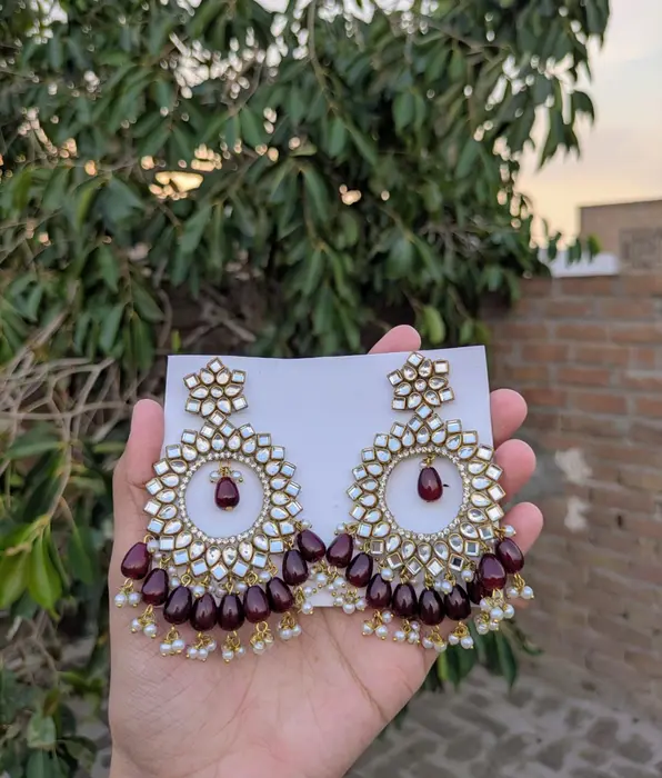 Kundan Mirror Chandbali Earrings with Maroon Drops - Bridal