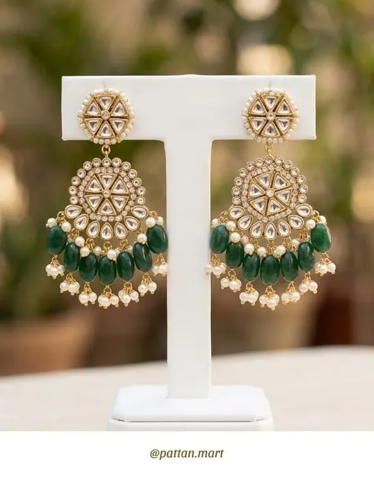 Kundan Chandbali Earrings with Green Beads &amp; Pearls Bridal