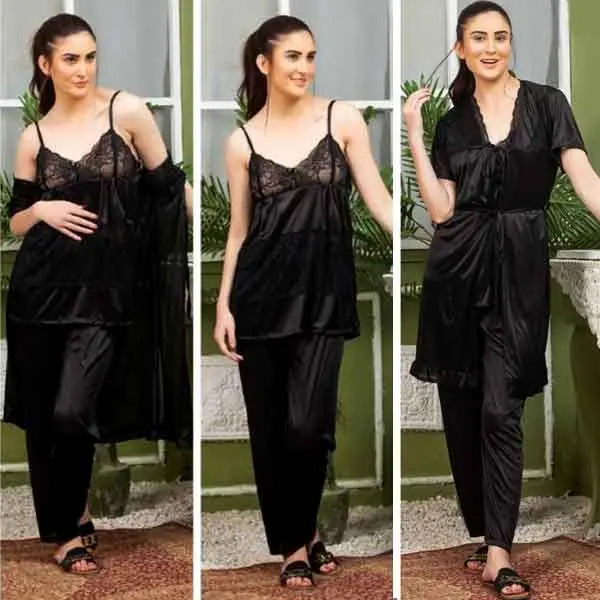 Wedding Silky 3 Pieces Black Pajama Gown Set